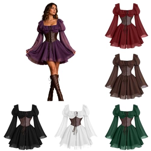 Renaissance Costume Women Off‑Shoulder Bell Sleeve Lace A‑Line Dress For Medieval Witch Goth Halloween Party - image 1