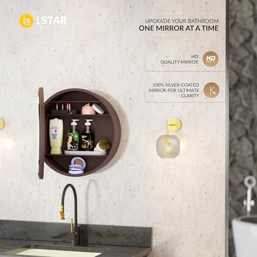 Image of iSTAR Round Wall Mirror Cabinet with Storage | Bathroom Mirror Cabinet with Shelves | Wall Mounted Vanity Cabinet for Bathroom, Wash Basin & Dressing Area | HD Mirror Door & Space Saving Organizer