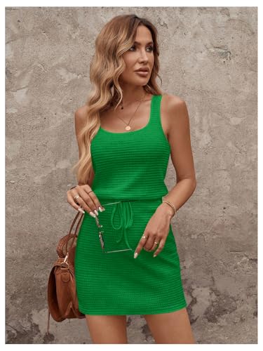 Image of RoseSeek Women's Waffle Knit Belted Tank A Line High Waisted Dresses Square Neck Sleeveless Summer Short Dress