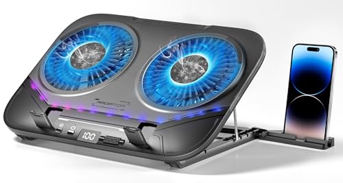 PZT Dual-Core TEC Laptop Cooling Pad with Dual Stepless-Quiet Fans, 5-Height Adjustable Laptop Cooling Stand, 10-Level RGB for 13-17 Inch Laptops, Includes 15W Charger, Smoky Black