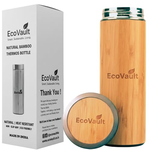 Image of Bamboo Water Bottle with Inner Stainless Steel Flask with Tea Strainer | 450ml Capacity | for Office, Travel, School & Home | Durable & Suitable for All