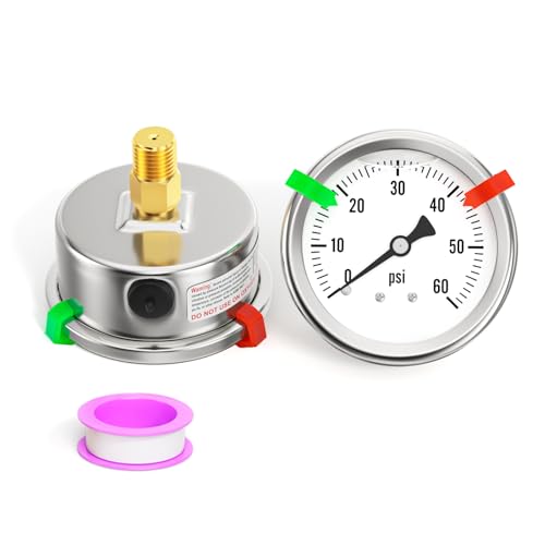 Image of 0-60PSI Stainless Steel Liquid Filled Pressure Gauge, 2.5 inch Single Scale Face Dial, 1 /4 inch NPT Back Mount, for Tube, Water Pump, Gas, Liquid, Pressure Test (with Range Mark Pointer)