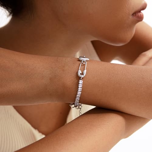 Silver Bracelets for Women Stainless Steel Non Tarnish Gold Cross/Heart Charm Bracelet Dainty Safety Pin Link Chain Bracelets Love Gifts for Women2