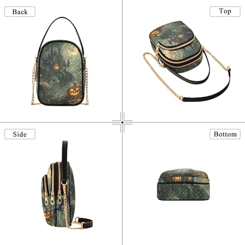 Womens Shoulder Purse Halloween Spooky Pumpkins House Quilted Phone Handbag Small Chain Purse Cute Zipper Satchel Crossbody Tote, 5.9" × 8.3" × 3.1"4