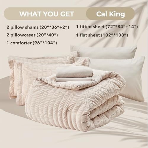 Image of HYMOKEGE Beige California King Comforter Set Seersucker 7 Pieces, All Season Luxury Bed in a Bag for Bedroom, Bedding Set with Comforters, Sheets, Pillowcases & Shams