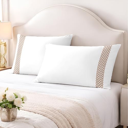 Image of Pure Cotton 500 TC Bag Type Pillow Cover Set | Greek Embroidered Pillow Cover Set | Percale Weave | 18 X 27 Inches (2, Beige Lattice Border)