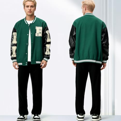 Image of Mens Varsity Jacket Baseball Bomber Jacket Vintage Unisex Streetwear Coats with Patchwork Hipster Utility Tops