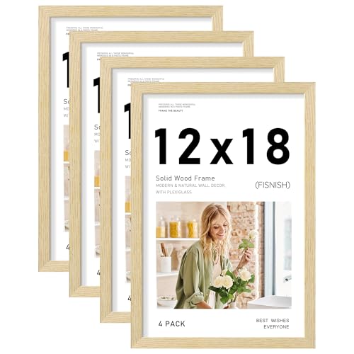 Image of 12x18 Picture Frame Set of 4, Natural Solid Wood Picture Frames, Display 12x18 Photos without Mat, Horizontal or Vertical Wall Mounting Poster Frame, Oak Wood Grain
