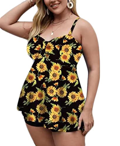 2 Piece Swimsuit Women Plus Size, Yellow Black Womens Bathing Suits Tankini with Sunflowers Polyester Bathing Suit for Adults Size 4XL