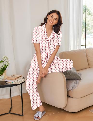 Image of Ekouaer 2 Pack:Womens Pajamas Short Sleeve Pjs Notch Collar Button Up Loungewear Cozy Sleepwear Sets