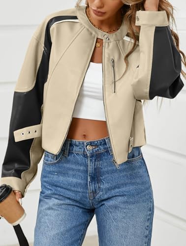 Tankaneo Womens Faux Leather Bomber Jackets Cropped Zip Up Color Block Fall Casual Moto Biker Coats3