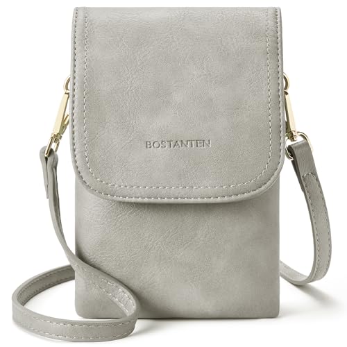 Image of BOSTANTEN Vegan Leather Small Crossbody Bags for Women Designer Cell Phone Bag Wallet Purses Adjustable Strap, B-02-grey, 4.9 inch(L) x 2 inch(W) x 7.1 inch(H) inch, Crossbody Bag