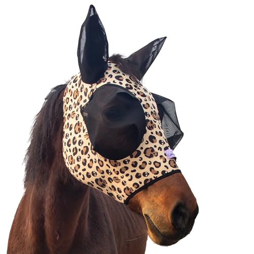 Horzmetnex Stretchy Horse Fly Mask with Ears,Extra-Large Eyes & Mane Opening â€“ Soft, Breathable Fly Mask for Horses, Tangle-Free Design, Enhanced Visibility (Leopard Print, Full (Large))