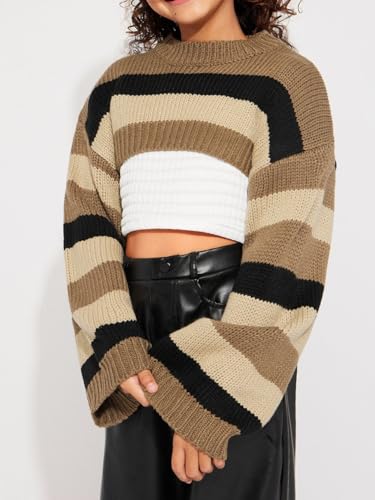 SHENHE Girl's Shrug Bolero Striped Long Bell Sleeve Knitted Cropped Sweater Preppy Clothes3