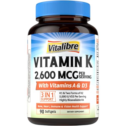 Vitalibre Vitamin K Complex 2600 mcg K1 & K2 (MK-7 & MK-4) with Vitamin A & D3 5000 IU Bioavailable Full Spectrum for Bone Strength and Heart Health 90 Softgels