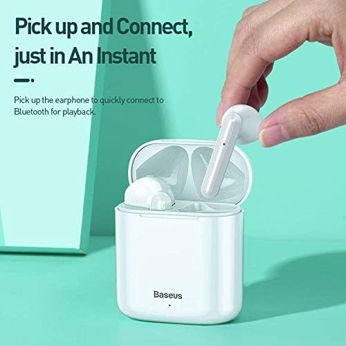 Hand picking up a Baseus W09 earphone from its charging case
