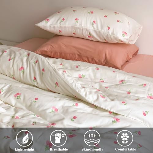 Image of Floral Duvet Cover Full Size White Pink Tulip Pattern Bedding Set with Zipper Closure 3 Pcs Garden Style Soft Microfiber Comforter Cover for Kids Women with 2 Pillowcases