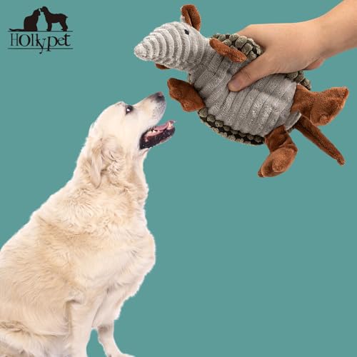 Image of Hollypet Plush Dog Squeaky Toy Stuffed Armadillo Animal Pet Puppy Chew Toys with Clean Teeth for Small Medium Large All Breed Sizes Dogs, Olive Drab, 8 in