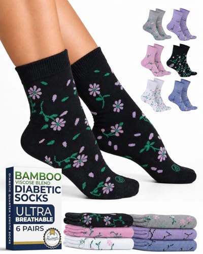 Pembrook Diabetic Socks for Women & Men - 6 Pairs | Floral Print | Bamboo Viscose Breathable | Non Binding Loose Fit | Diabetic Socks | Womens Diabetic Socks | All-Day Comfort Without Foot Discomfort