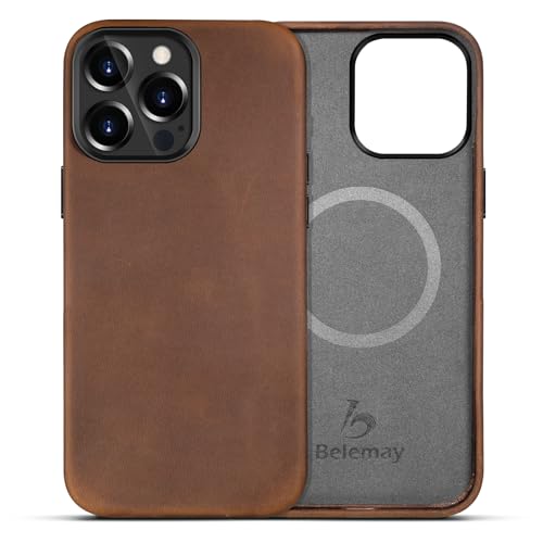 Belemay Compatible with iPhone 14 Pro Max Leather Case with Magsafe - Top Grain Vintage Crazy Horse Leather - Metal Buttons & Camera Bezel - Slim Fit - Premium Phone Cover (6.7-inch)-Retro Brown