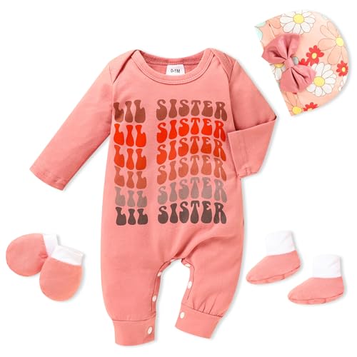Image of Sinhoon Newborn Baby Girl Romper Infant Letter Print Bodysuit Jumpsuit+Hat+Gloves+Socks 4Pcs Coming Home Clothes Outfit