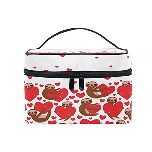 Bolsa de maquillaje, diseño de perezoso con corazón rojo, para el día de San Valentín, almacenamiento de artículos de tocador de aseo grandes con asa de viaje, compartimentos personalizados para