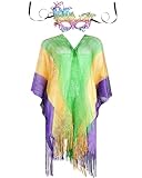 Frienda Mardi Gras Decorations Mardi Gras Poncho Shawl Scarf Shimmering with Face Covers for Masquerade Party Purple Yellow Green Masquerade Costume Accessories Set