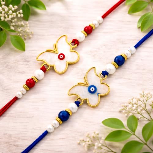 Image of Riddhika Ventures Elegant Evil Eye Rakhi for Protection from Negative Energy (Set Of 2) With Roli Chawal And Greeting Card (T1U1)