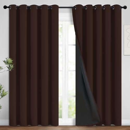 Image of Yakamok Chocolate Brown Blackout Curtains 96 Inches Long 62 inch Wide, 2 Panels | Blackout Curtain Panels for Bedroom, 2 Thick Layers Grommet Top Thermal Insulated Drapes with Black Liner for Living Room