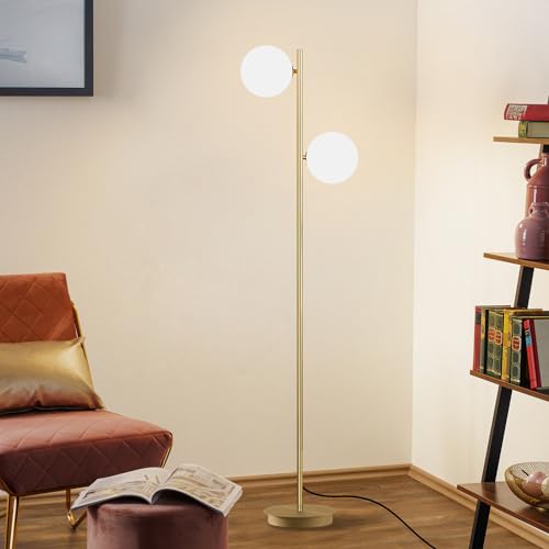 Image of 2 Light Mid Century Modern Floor Lamp for Living Room Retro Vintage Tall Standing Lamp with Frosted Glass Globe Shade Brass Floor Lamps for Office Hotel Bedroom