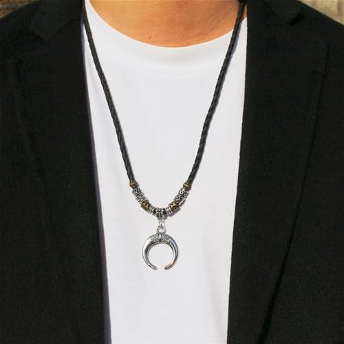 Vintage Crescent Moon Pendant Necklace, Braided Leather Cord, Tribal Beads, 17.7+4.7 inches, Black4