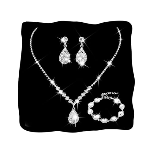 Unicra Rhinestone Necklace Earrings Bracelet Set Silver Bridal Wedding Jewelry Sets Prom Costume Jewelry Set for Women and Brides (D-3 Pack Silver Necklace Bracelet Earrings)