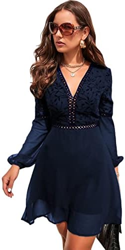 SheIn Women's Elegant Deep V Neck A Line Dress Long Sleeve Floral Lace Mini  Dresses, Navy Blue, XL : Buy Online at Best Price in KSA