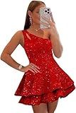Plus Size Sparkly Sequint Homecoming Dress for Teens 2025 A-line Evening Dresses Red One Shoulder Mini Tiered Prom Dress Size 20