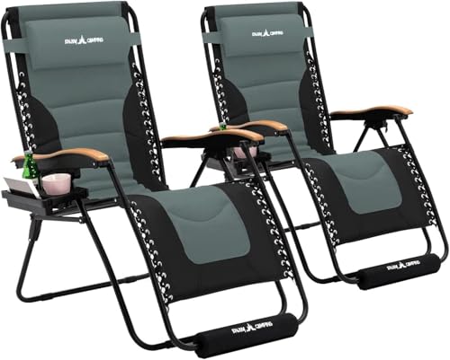 Amopatio Oversized Zero Gravity Chair Set of 2 with Cup Holder, Folding Padded Reclining Lounge Chair with Footrest & Headrest for Indoor and Outdoor, Support 400LBS, Grey