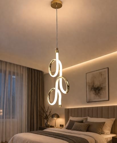 Image of Modern Curved Shape Gold Finish Energy Saving Led Pendant Hanging with 3 Different Color Mode (Warm White, Cool White, Neutral White) for Bedroom, Living Room, Restaurants, Dining, Home