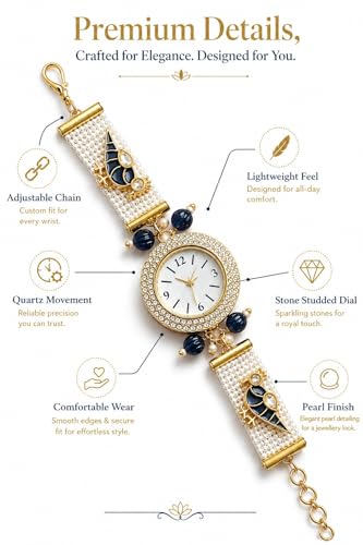 Image of Kashmiri Bracelet Watch for Women Stylish | Pearl Strap Jewellery Watch with Blue Bird Design | Ethnic Wrist Watch for Girls | Wedding, Festive & Gift