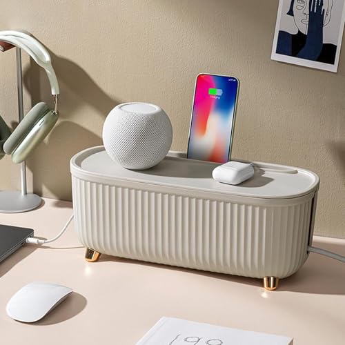 Image of Soko Cable Management Box with Mobile Stand | Cords Hider & Surge Protector | Concealer for Power Strips, Router, Gadget Wires Storage Organizer Tray for Desk, Table - Home, Office (WireHide) - Beige
