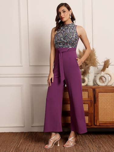 Image of Miss Chase Womens Halter Neck Sleeveless Embellished Regular-Length Jumpsuit