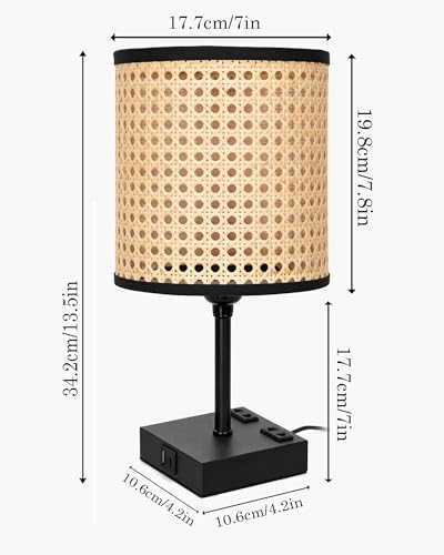 Image of Homesake Touch Table Lamp with USB A + Type C Charging Ports Dual AC Outlets, Touch Control, Medium Size, Bulb Included Night Stand, Bedside Desk Light Bedroom Living Room Office, (Cane Cylinder)