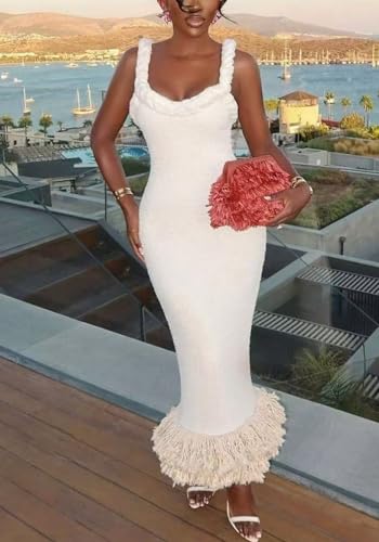 LAJIOJIO Women's Fringe Hem Sleeveless Package Hip Dresses Backless Bodycon Party Long Pencil Dress4