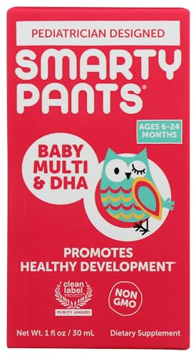 SmartyPants Baby Multi&DHA Supplement:Liquid Multivitamin with Vitamin D3, C,Vitamin B6,Biotin,Choline & Lutein, for Infants 6-24 Months,Gluten Free,Natural Fruit Flavor,30 Servings(Package May Vary)