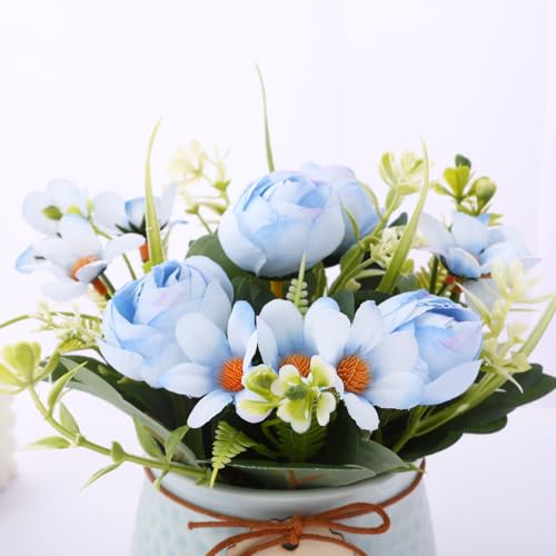 Image of TIED RIBBONS Artificial Rose Flower Plant with Pot (Blue, 6.6 Inch) Home Decor Items for Living Room Balcony Kitchen Bedroom Office Table Top Decoration Gifting Item