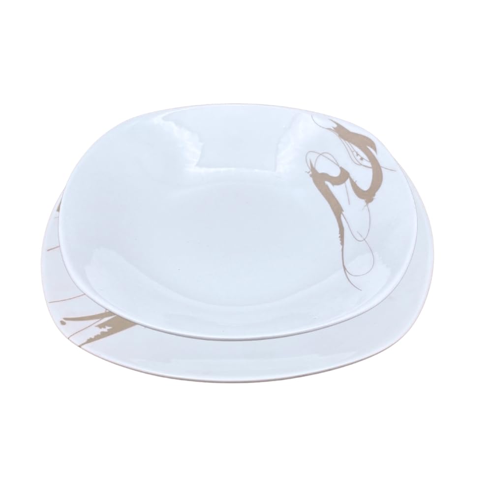 Set Piatti Porcellana 18 Pezzi per 6 Persone – Servizio da Tavola Moderno Bianco e Tortora – Lavabili in Lavastoviglie – Piatti Piani, Fondi e Dessert – Modello Ink Painting
