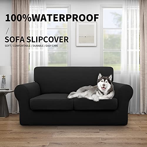 Image of Easy-Going Waterproof 3-Piece Loveseat Cover Couch Covers for Sofa | Stretch Spandex Sofa Cover Protector Elastic Bottom for 2 Cushion Couch Dog Pet Friendly Living Room Black