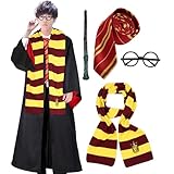 [LAMONKE] ハリーポッター コスプレ グリフィンドール 寮服 ハロウィン 仮装 ローブ 眼鏡 ネクタイ マフラー 魔法の杖 衣装5点セット 大人用 コスチューム パーティー クリスマス USJ ユニバー 学園祭 イベント 男女兼用 (レッド, 大人用-L)