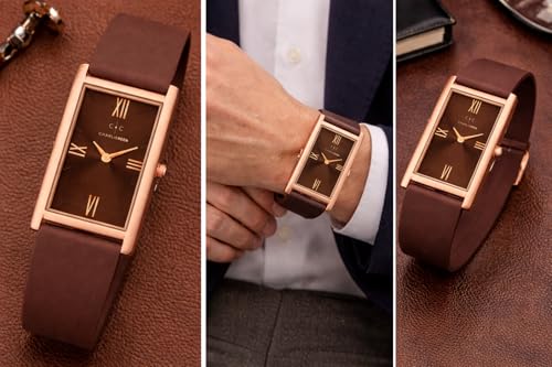 Image of CHARLIEKEEN Rectangular Wristwatch, Black Dial with Rose Gold Roman Numerals, Silicone Strap, Elegant Style (Rose Gold, Brown, Brown)
