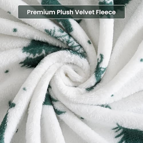 Image of Viviland Microfleece Full Bed Sheet Set, Green Deer | Soft Flannel-like Fleece, 100% Polyester, Fluffy Velvety Feel, 200GSM, 15 inch Deep Pocket, Warm Winter Gift & Decor