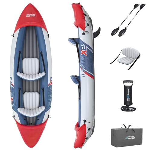 Bestway Hydro-Force Rapid X2 Inflatable 2 Person Kayak Outdoor Lake and River Water Sport Set with 2 Paddles, Hand Pump, and 2 Removable Fins