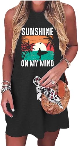 Image of MYHALF Summer Tank Dress for Women Sleeveless Beach Vacation Sundress Short Coconut Tree Sun Dress Casual Coverup